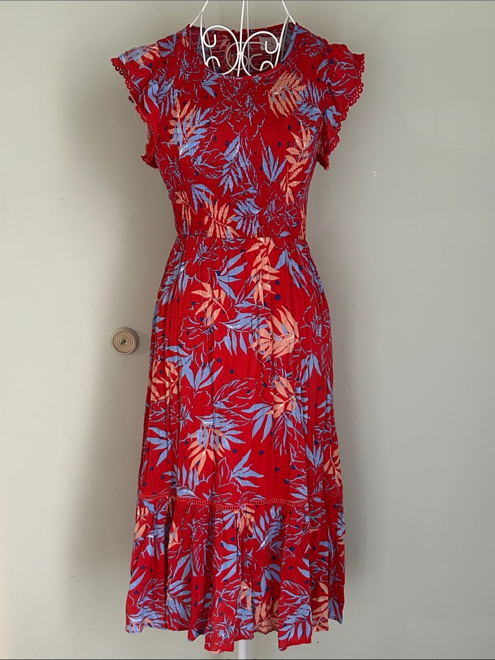 Lost + Wander Red Floral Midi Dress with Blue and Coral Leaves